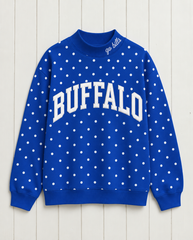 Women’s Royal Blue Polka Dot "BUFFALO" Mock Neck Pullover Sweatshirt
