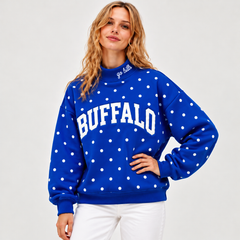 Women’s Royal Blue Polka Dot "BUFFALO" Mock Neck Pullover Sweatshirt