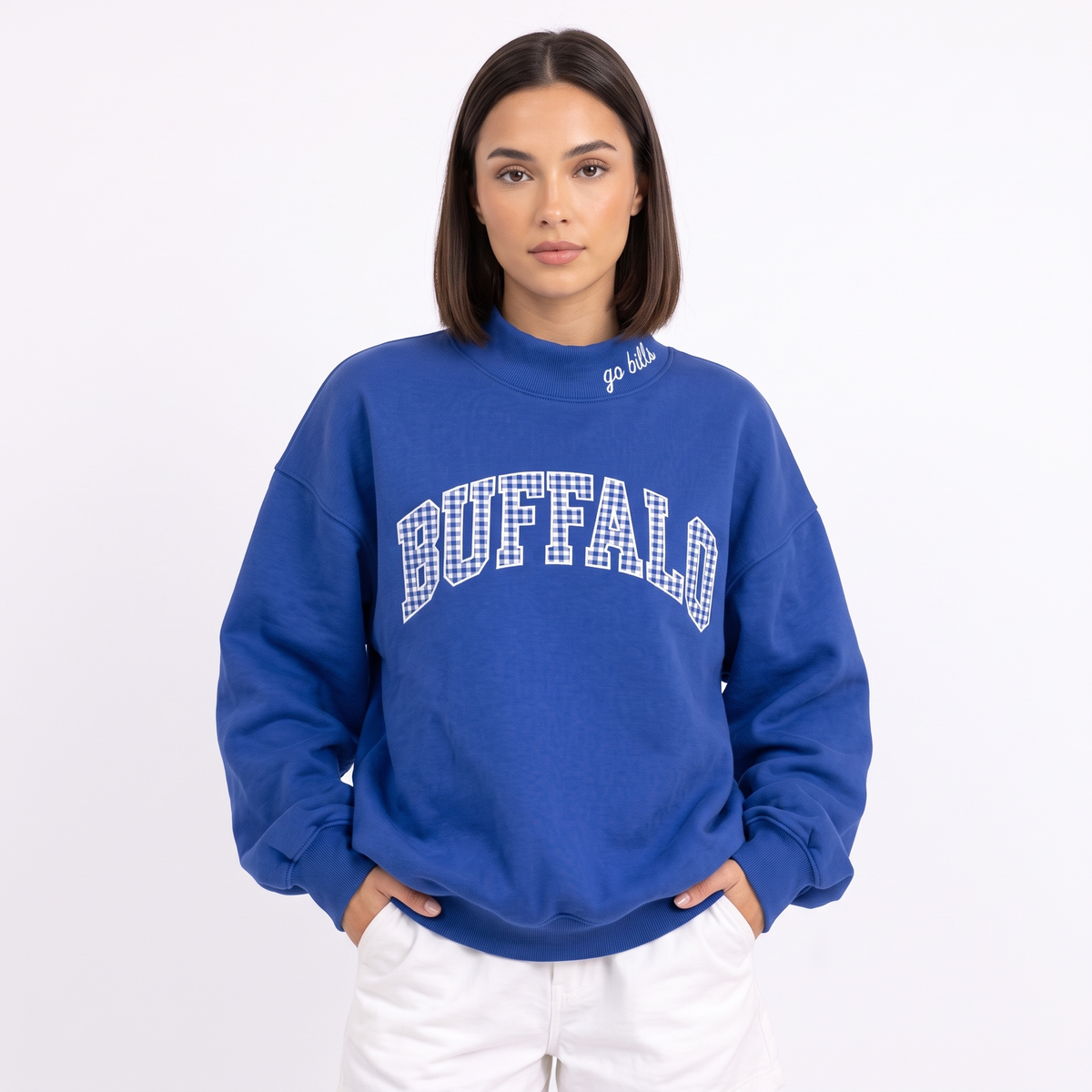 Buffalo Gingham Appliqué Mock Neck Sweatshirt | Oversized Pullover
