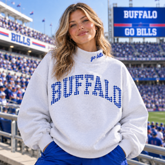 Buffalo Gingham Applique Mock-Neck Sweatshirt-"Go Bills" Embroidered Collar