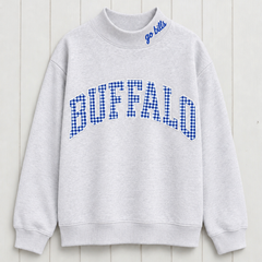 Buffalo Gingham Applique Mock-Neck Sweatshirt-"Go Bills" Embroidered Collar